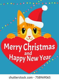 Happy New Year Card With Cat Vector. Christmas Kitty With Red Santa Hat. Vector With Cute Cat. Holiday Cartoon Greeting Card.