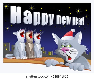Happy new year card with cats on the roof. Cartoon styled vector illustration. Elements is grouped and divided into layers.