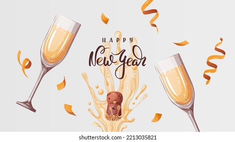 Carta feliz de Año Nuevo con champán, gafas y letras escritas a mano. Celebración, feriado, evento, fiesta, concepto de felicitaciones. Ilustración vectorial. Postal, tarjeta, portada.