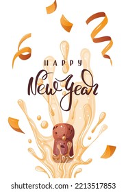 Happy New Year card with Champagne, glasses and handwritten lettering. Celebration, holiday, event, festive, congratulations concept. Vector illustration. Postcard, card, cover.