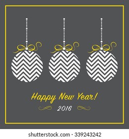 Happy New Year card with chevron christmas balls on chalk background