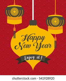 happy new year card with chinese lantern decorations hanging over red background. colorful design. vector illustration