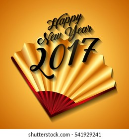 happy new year card with chinese fan icon over yellow background. colorful design. vector illustration
