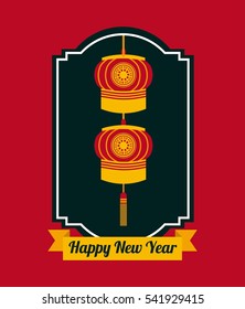 happy new year card with chinese lantern decorations hanging over decorative frame and red background. colorful design. vector illustration