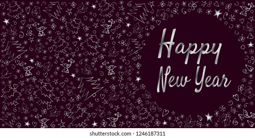 Happy New Year card. Christmas decoration in silver and dark burgundy. Hand drawn.