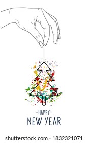 HAPPY NEW YEAR! Card. Christmas tree with watercolor blots. Vector stock illustration eps10.