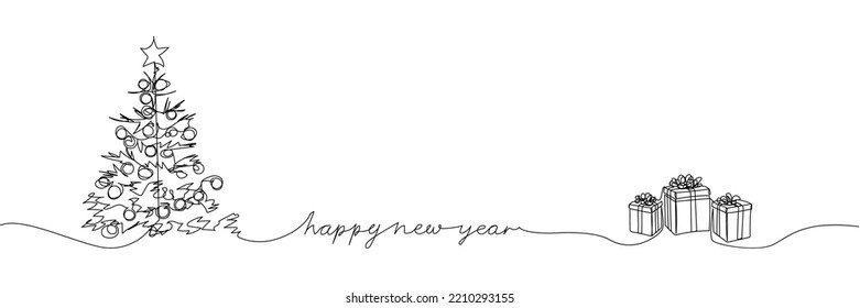 Happy New Year card with a Christmas tree and gifts one line art. Continuous line drawing of new year holidays, christmas, congratulations, weekend, greetings, festive atmosphere.