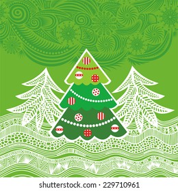 Happy new year card with christmas tree vector illustration