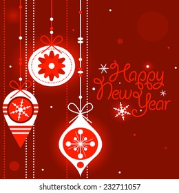 Happy new year card with christmas balls and red background