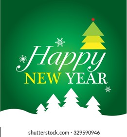 Happy New Year card with christmas tree, stars, and logo title. Editable vector design.