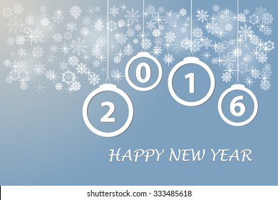 Happy new year card with Christmas ornaments, snowflakes and stars with the numbers 2016 on the trendy light blue background.