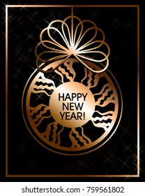 happy new year card with Christmas ball in the form of clock or a perfume as a gift