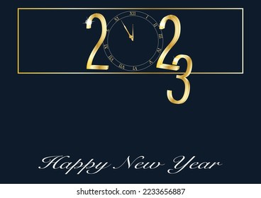 Happy new year card and Clock face with Roman numerals  in golden font theme on navy blue background.