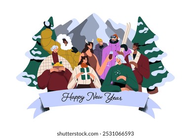 Happy New Year card concept. People celebrate winter holidays in mountain together. Diverse friends with Christmas gifts, champagne have fun on Xmas. Flat isolated vector illustration on white