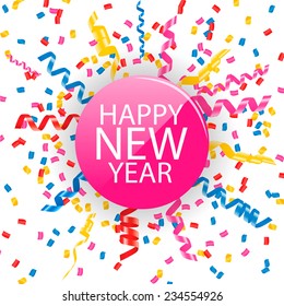 Happy New Year card with confetti and streamers, vector illustration. 