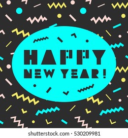 Happy New Year card with confetti in retro 80s-90s style. Memphis trendy art. Vector illustration.
