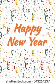 Happy New Year card cover with exploding party popper, colorful serpentine and confetti on background