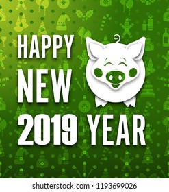 Happy New Year Card with Cut Paper Pig. Greeting Banner - Illustration Vector