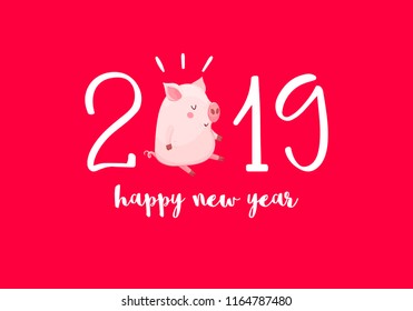 Happy New Year card with a cute pig on a red background. Chinese symbol of the 2019 year. Great festive gift card. Vector illustration.