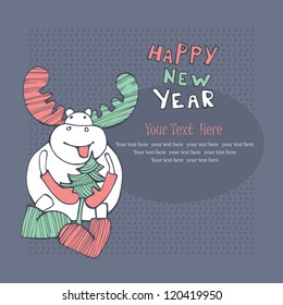 happy new year card with cute deer