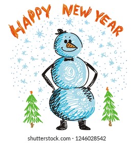 Happy new year card with cute cartoon snowman. Sketch. Vector illustration