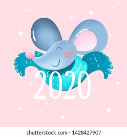 Happy New Year card with cute gray mouse in warm winter scarf. Chinese calendar symbol of the 2020 year. Isolated cheerful cartoon character - metal rat, vector illustration on snowy background