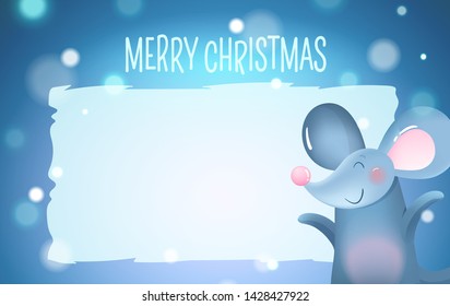 Happy New Year card with cute gray mouse in Christmas snow scene. Symbol of the 2020 year - metal rat. Signboard for your text, isolated cartoon character, vector glow festive background illustration