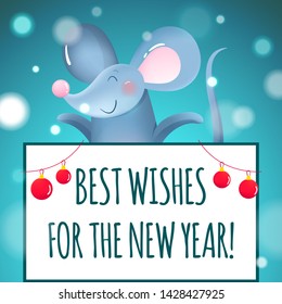 Happy New Year card with cute gray mouse in Christmas snow scene. Symbol of the 2020 year - metal rat. Cartoon character vector illustration, signboard decorated garland, glow festive background