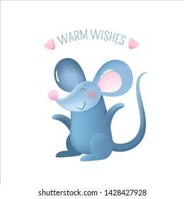 Happy New Year card with cute gray mouse and text - Warm wishes. Chinese calendar symbol of the 2020 year. Isolated cheerful cartoon character - metal rat, vector illustration on white background