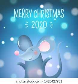 Happy New Year card with cute gray mouse in Christmas snow scene. Chinese calendar symbol of the 2020 year. Isolated cheerful cartoon character - metal rat, vector glow festive background illustration