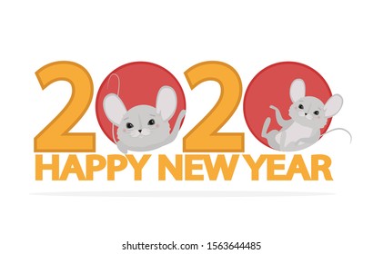 Happy New Year card with cute mouses and 2020 year number in white background. Editable vector illustration