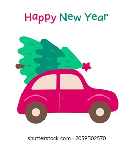 Happy New Year card. Cute car with Christmas tree on the top. New year and xmas holiday template. Isolated on a white background. Vector illustration in cartoon flat style for cards, posters, banners.