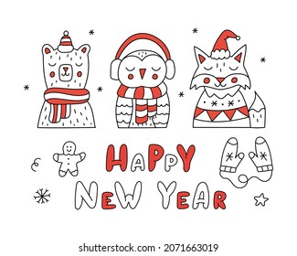 Happy New Year card with cute bear, owl and fox in hats and scarfs. Fanny animals with hand lettering quote. Doodle style. Vector illustration.