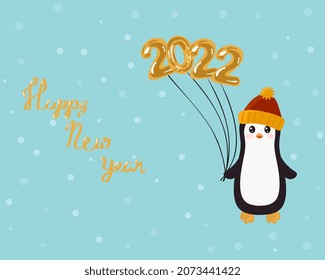 Happy New Year card with cute penguin with golden balloons 2022 isolated on blue background. Illustration for posters, greeting cards and seasonal design.