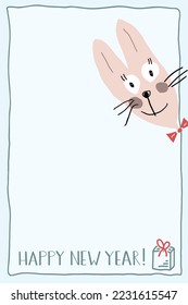 A Happy New Year Card. Cute funny bunny peeking out from around the corner. 2023 is the year of the Rabbit in the Chinese calendar. Free space for greeting text. 