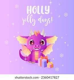 a happy new year card with a cute dragon. Vector illustration 