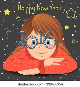 Happy New Year Card. Cute Cartoon Girl In Funny Glasses.