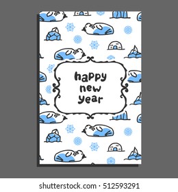 Happy new year card with cute cartoon walrus. Vector doodle snowflakes, and icebergs. Arctic animal wears hat