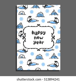 Happy new year card with cute cartoon seal. Vector doodle snowflakes, and icebergs. Arctic animal wears scarf