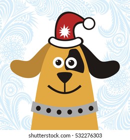 Happy new year card with cute cartoon dog. Vector illustration.