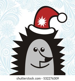Happy new year card with cute cartoon hedgehog. Vector illustration.