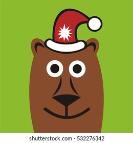 Happy new year card with cute cartoon bear. Vector illustration.