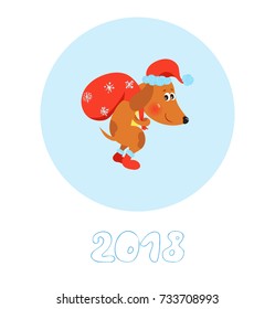 Happy New Year card with cute Dog in Christmas hat carrying Santa bag, vector illustration