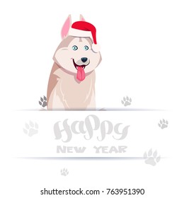 Happy New Year Card With Cute Husky Dog In Santa Hat Over Foot Prints On White Background Flat Vector Illustration