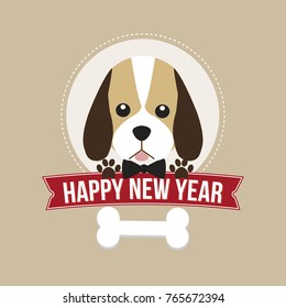 Happy New Year card with cute dog cartoon.