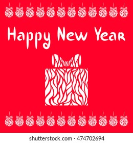 Happy new year card with decorative ball, gift box.