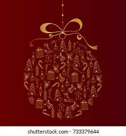 Happy new year card. The year depicted in the hand painted style. Christmas toy with the hand painted Christmas icons.