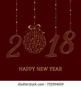Happy new year card. The year depicted in the hand-painted style. Christmas toy with the hand painted Christmas icons.