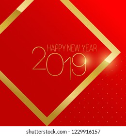 Happy New Year card design with golden frame and elegant narrow text. shiny elements on red background.