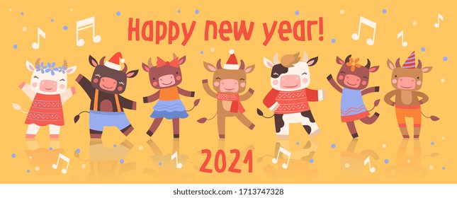 Happy New Year Card Design With Cute Little Dancing Cartoon Cattle In Colorful Party Clothes With Cows And Bulls Celebrating The 2021 Holiday Season And Text , Vector Illustration